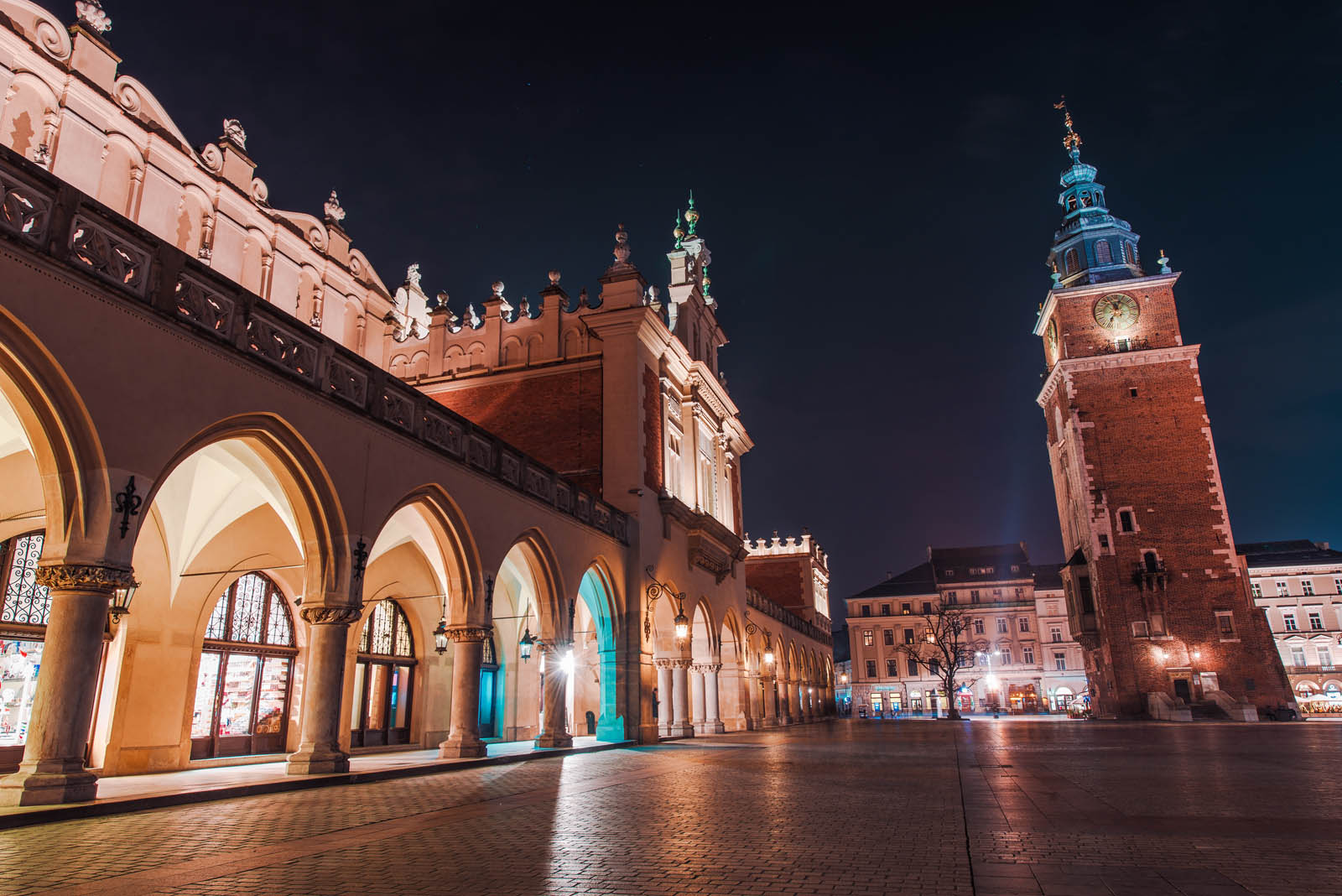 Colorful Krakow Night. Cracow Old Town Main Market Square. Krakow, Poland, Europe.